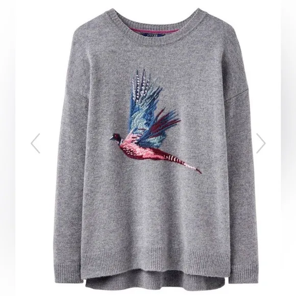 Joules Ladies Meryl Lambswool Blend Embroidered Jumper Grey Marl Pheasant