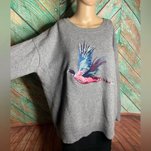 Joules Ladies Meryl Lambswool Blend Embroidered Jumper Grey Marl Pheasant