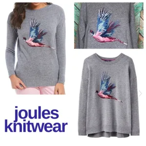 Joules Ladies Meryl Lambswool Blend Embroidered Jumper Grey Marl Pheasant