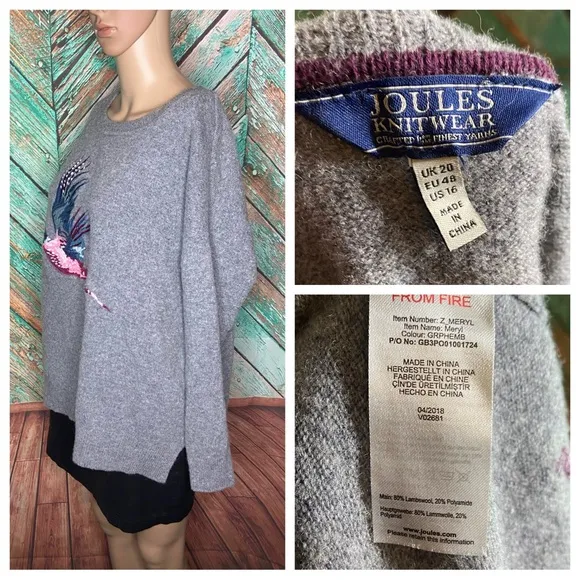 Joules Ladies Meryl Lambswool Blend Embroidered Jumper Grey Marl Pheasant