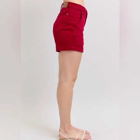 Judy Blue Heart Pocket High-Rise Tummy Control Mid-length Red Denim Jean Shorts