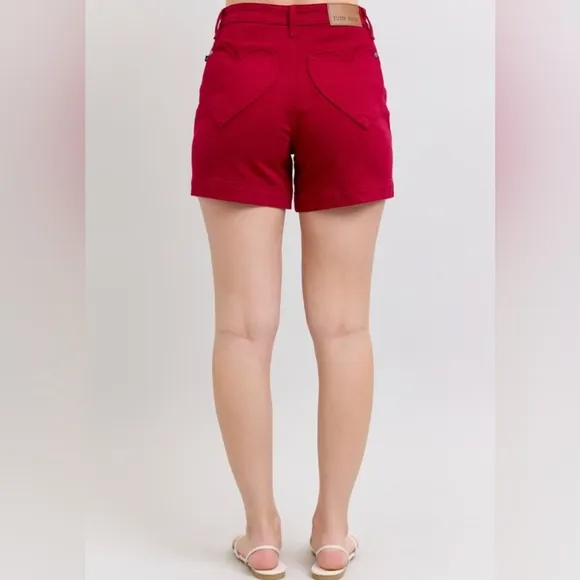 Judy Blue Heart Pocket High-Rise Tummy Control Mid-length Red Denim Jean Shorts