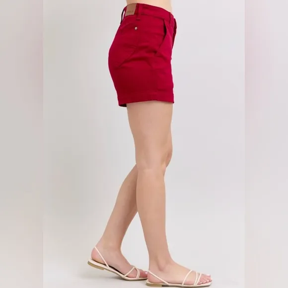 Judy Blue Heart Pocket High-Rise Tummy Control Mid-length Red Denim Jean Shorts