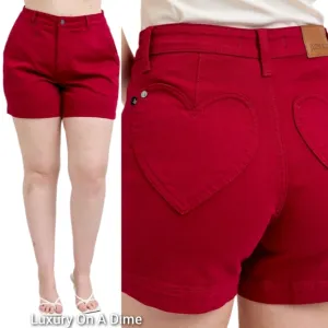Judy Blue Heart Pocket High-Rise Tummy Control Mid-length Red Denim Jean Shorts
