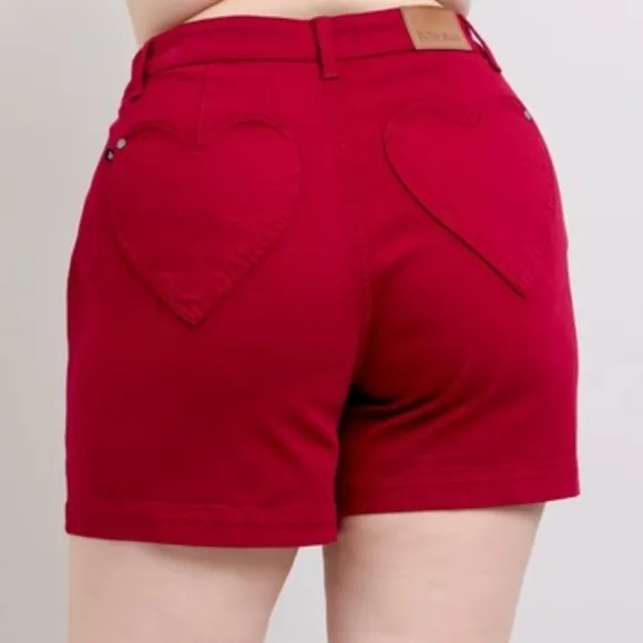 Judy Blue Heart Pocket High-Rise Tummy Control Mid-length Red Denim Jean Shorts
