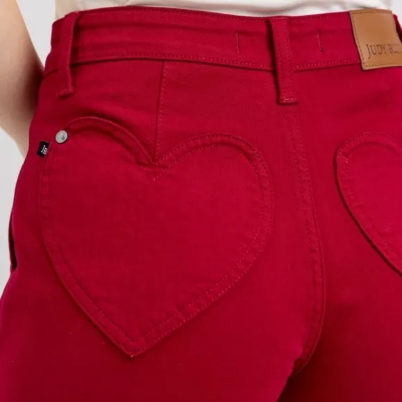 Judy Blue Heart Pocket High-Rise Tummy Control Mid-length Red Denim Jean Shorts