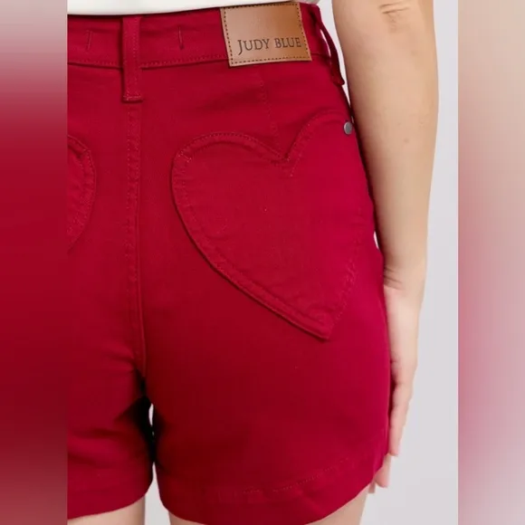 Judy Blue Heart Pocket High-Rise Tummy Control Mid-length Red Denim Jean Shorts