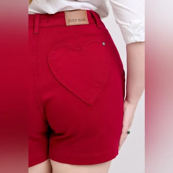 Judy Blue Heart Pocket High-Rise Tummy Control Mid-length Red Denim Jean Shorts