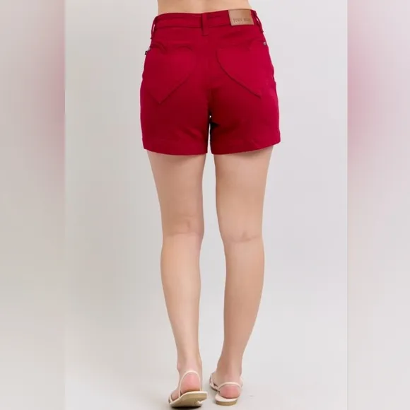 Judy Blue Heart Pocket High-Rise Tummy Control Mid-length Red Denim Jean Shorts