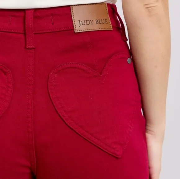 Judy Blue Heart Pocket High-Rise Tummy Control Mid-length Red Denim Jean Shorts