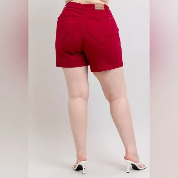 Judy Blue Heart Pocket High-Rise Tummy Control Mid-length Red Denim Jean Shorts