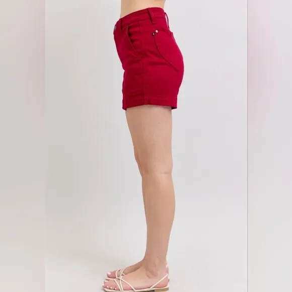 Judy Blue Heart Pocket High-Rise Tummy Control Mid-length Red Denim Jean Shorts