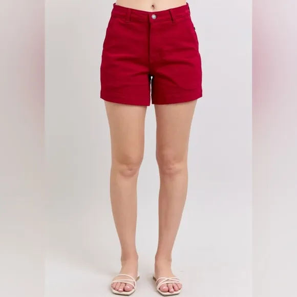Judy Blue Heart Pocket High-Rise Tummy Control Mid-length Red Denim Jean Shorts