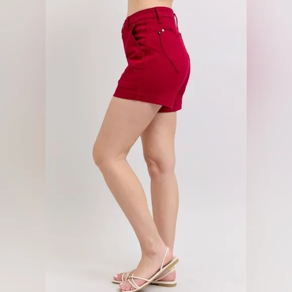 Judy Blue Heart Pocket High-Rise Tummy Control Mid-length Red Denim Jean Shorts