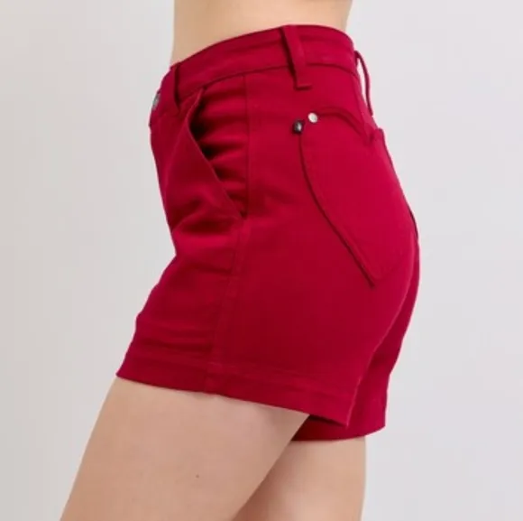 Judy Blue Heart Pocket High-Rise Tummy Control Mid-length Red Denim Jean Shorts