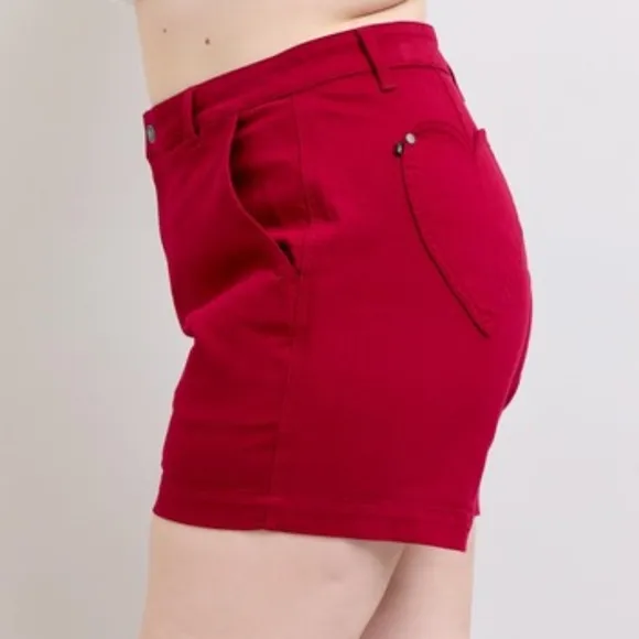 Judy Blue Heart Pocket High-Rise Tummy Control Mid-length Red Denim Jean Shorts