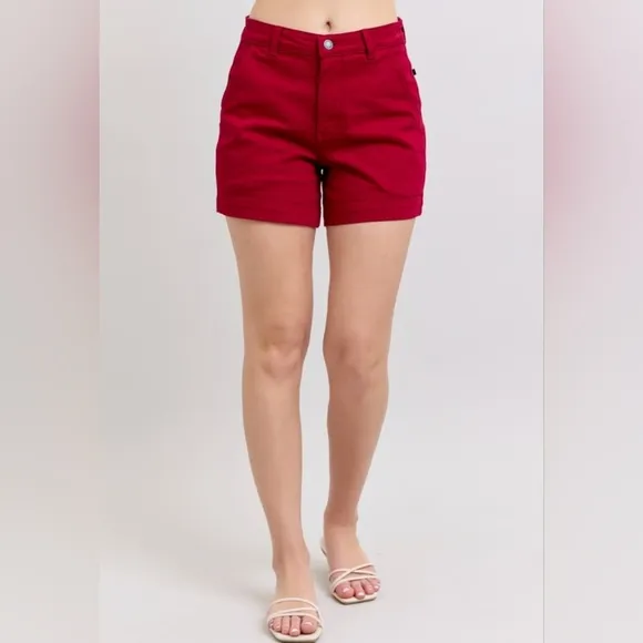 Judy Blue Heart Pocket High-Rise Tummy Control Mid-length Red Denim Jean Shorts