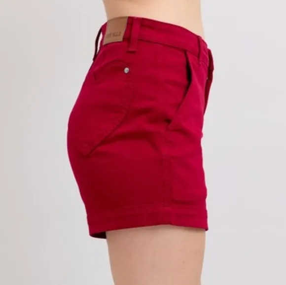 Judy Blue Heart Pocket High-Rise Tummy Control Mid-length Red Denim Jean Shorts