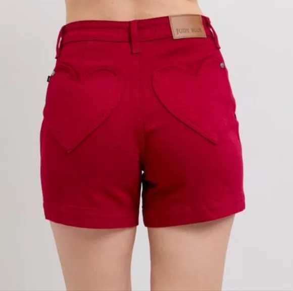 Judy Blue Heart Pocket High-Rise Tummy Control Mid-length Red Denim Jean Shorts