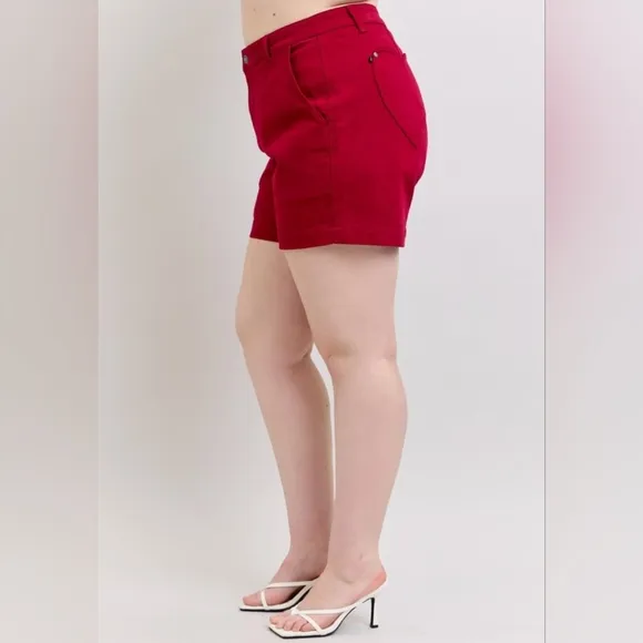 Judy Blue Heart Pocket High-Rise Tummy Control Mid-length Red Denim Jean Shorts