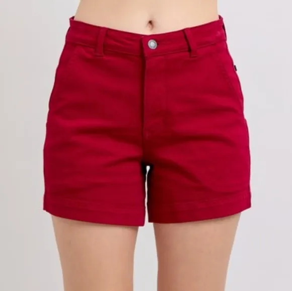Judy Blue Heart Pocket High-Rise Tummy Control Mid-length Red Denim Jean Shorts
