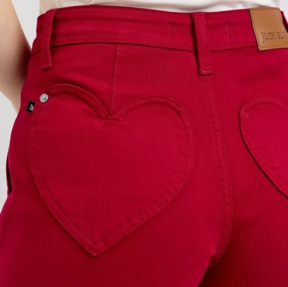Judy Blue Heart Pocket High-Rise Tummy Control Mid-length Red Denim Jean Shorts