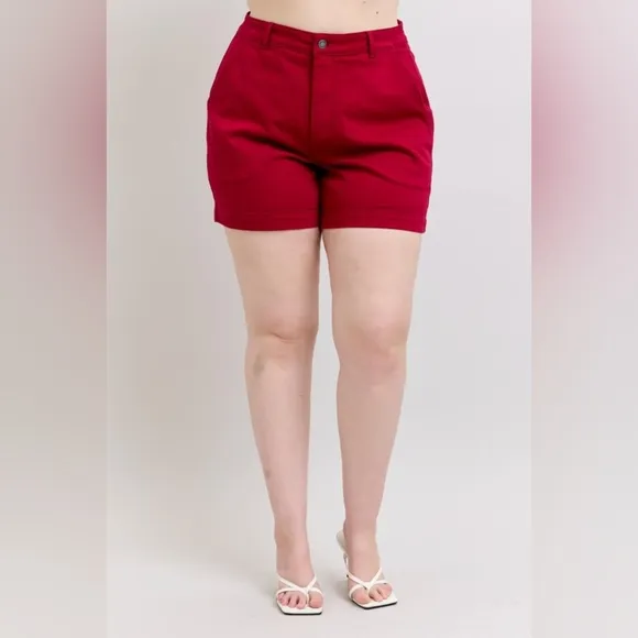 Judy Blue Heart Pocket High-Rise Tummy Control Mid-length Red Denim Jean Shorts