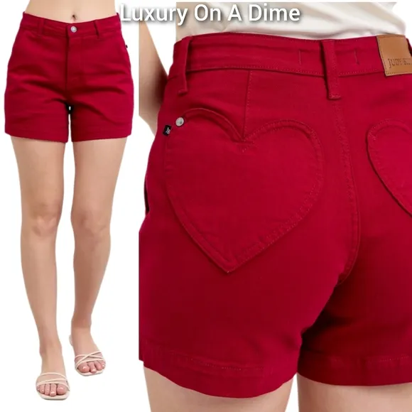 Judy Blue Heart Pocket High-Rise Tummy Control Mid-length Red Denim Jean Shorts