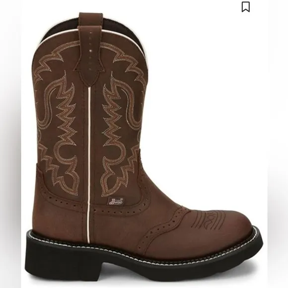 JUSTIN INJI WESTERN BOOTS - ROUND TOE Brown Leather Embroidered Size 9 cowboy