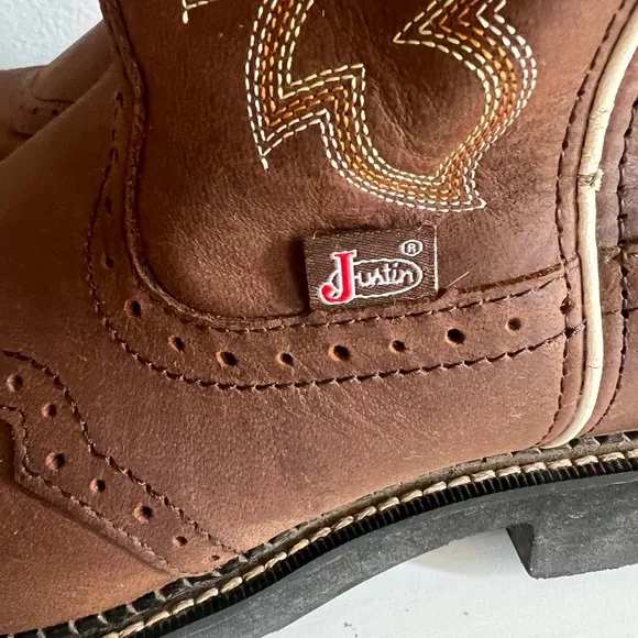 JUSTIN INJI WESTERN BOOTS - ROUND TOE Brown Leather Embroidered Size 9 cowboy