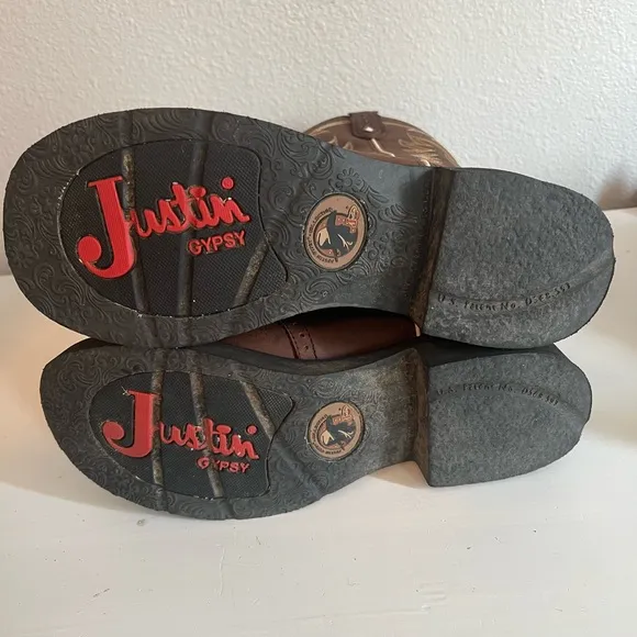JUSTIN INJI WESTERN BOOTS - ROUND TOE Brown Leather Embroidered Size 9 cowboy