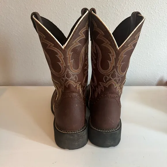JUSTIN INJI WESTERN BOOTS - ROUND TOE Brown Leather Embroidered Size 9 cowboy