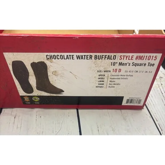 Justin Mens Chocolate Water Buffalo Square Toe Boots  10D Soft Toe work MJ1015