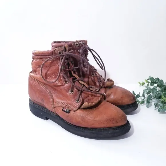 JUSTIN Vintage Lace Up Leather Ropers Work Boots