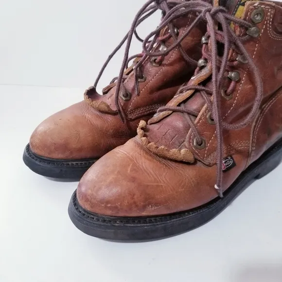 JUSTIN Vintage Lace Up Leather Ropers Work Boots