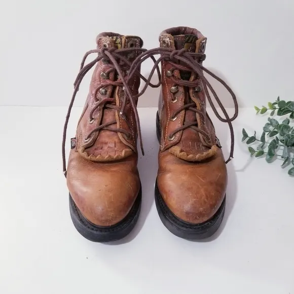 JUSTIN Vintage Lace Up Leather Ropers Work Boots