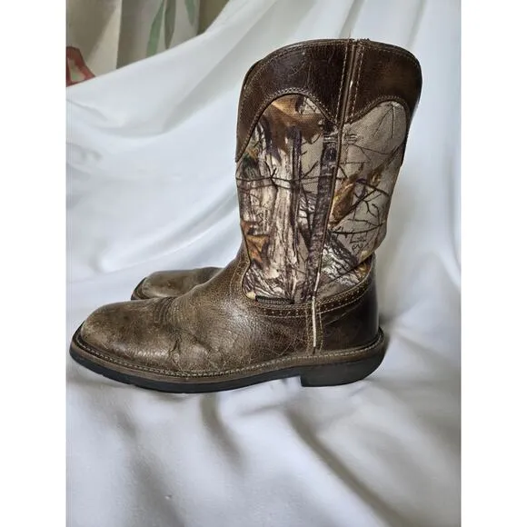 Justin WK4676 Brown Camo Leather Sq Toe Waterproof Work Western Boots Mens 10.5