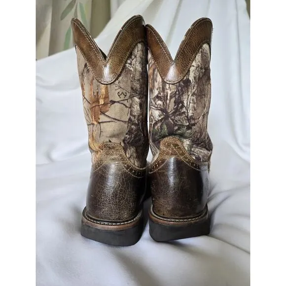 Justin WK4676 Brown Camo Leather Sq Toe Waterproof Work Western Boots Mens 10.5