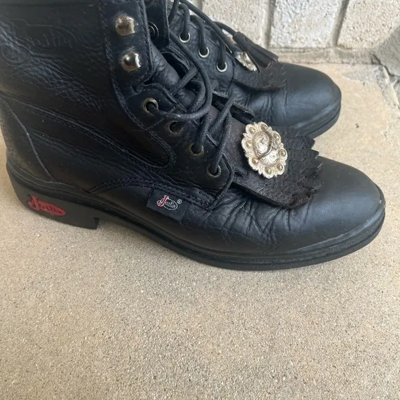 Justin Women's Kiltie Lace Ropers‎ Black Leather Pebbled Ankle Boots 6.5  women