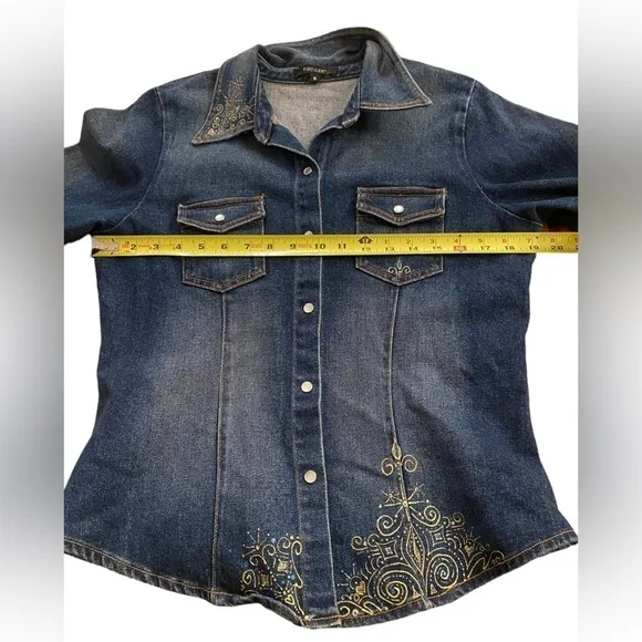 KAREN KANE BLUE DENIM EMBROIDERED JACKET BLAZER SHIRT WITH SNAP BUTTONS SIZE M