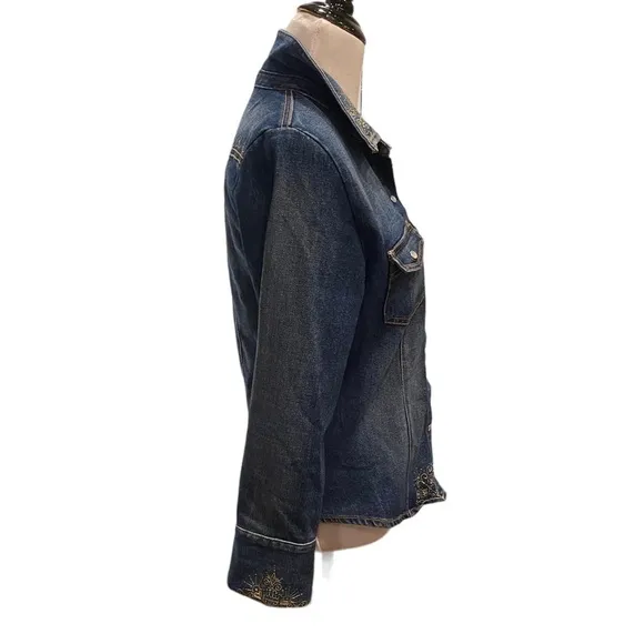 KAREN KANE BLUE DENIM EMBROIDERED JACKET BLAZER SHIRT WITH SNAP BUTTONS SIZE M