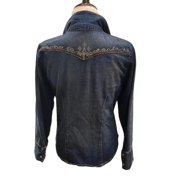 KAREN KANE BLUE DENIM EMBROIDERED JACKET BLAZER SHIRT WITH SNAP BUTTONS SIZE M