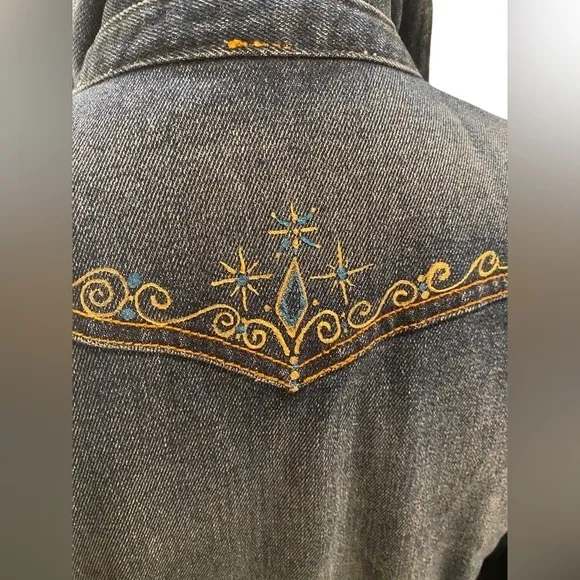KAREN KANE BLUE DENIM EMBROIDERED JACKET BLAZER SHIRT WITH SNAP BUTTONS SIZE M