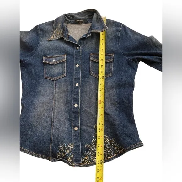 KAREN KANE BLUE DENIM EMBROIDERED JACKET BLAZER SHIRT WITH SNAP BUTTONS SIZE M