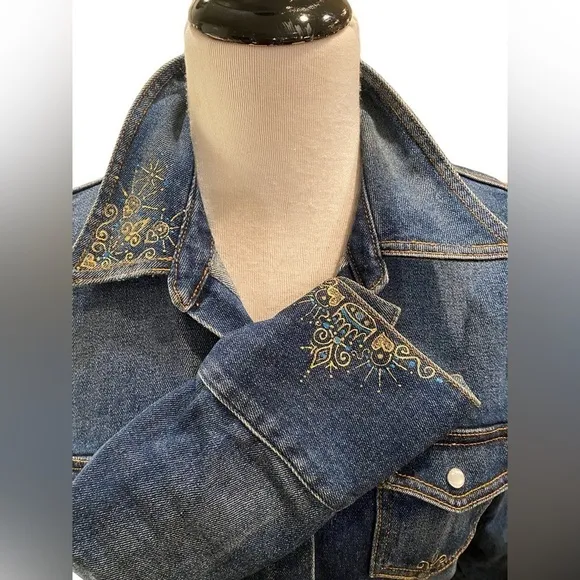 KAREN KANE BLUE DENIM EMBROIDERED JACKET BLAZER SHIRT WITH SNAP BUTTONS SIZE M
