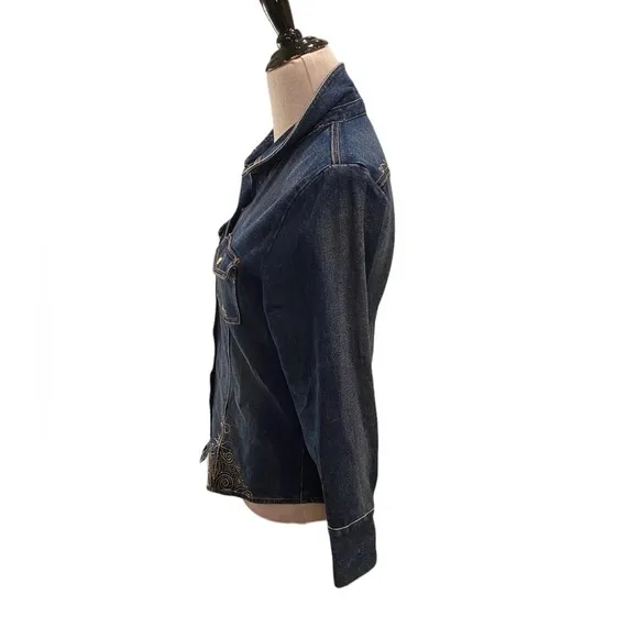 KAREN KANE BLUE DENIM EMBROIDERED JACKET BLAZER SHIRT WITH SNAP BUTTONS SIZE M