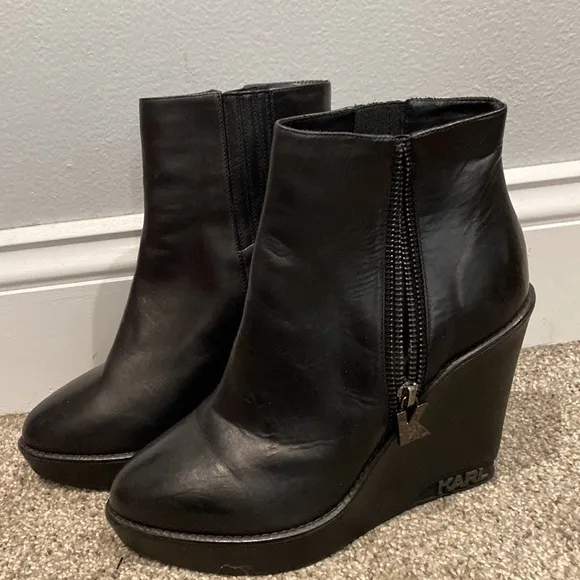 Karl Lagerfeld Black Wedge Heeled Ankle Boots - Size 38 (7.5)