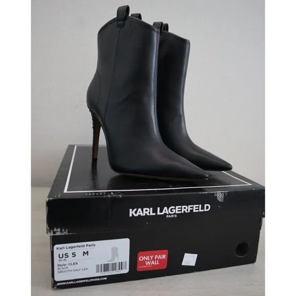 Karl Lagerfeld Women's Sz 5M Black Smooth Leather Embellished Ankle Boots