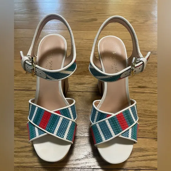 Kate Spade Grace Striped Raffia Platform Multicolor Striped Sandals - Sz 7.5