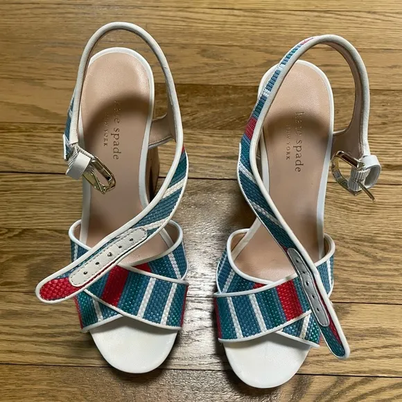 Kate Spade Grace Striped Raffia Platform Multicolor Striped Sandals - Sz 7.5